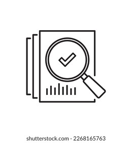 un icono de revisión como la lupa de línea delgada en el papel. concepto de investigación de estadísticas de datos de mercado o previsión empresarial. derrame de trazo plano buscar lootipo linear gráfico diseño negro arte aislado en fondo blanco