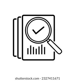 review icon like thin line loupe on paper. concept of market data statistics research or business forecast. flat stroke seek logotype graphic lineart black design art isolated on white background