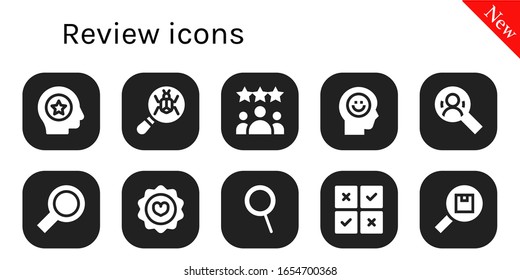 review icon set. 10 filled review icons. Included Favorite, Loupe, Rating, Happiness, Search, Zoom, Feedback icons