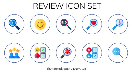 review icon set. 10 flat review icons.  Simple modern icons about  - search, rating, happy, loupe