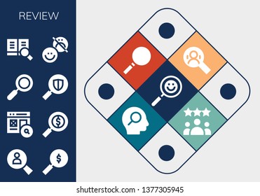 review icon set. 13 filled review icons.  Simple modern icons about  - Search, Zoom, Happiness, Loupe, Rating