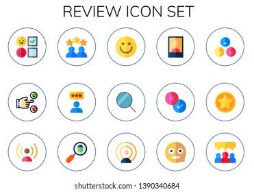 review icon set. 15 flat review icons.  Collection Of - rating, rate, happy, search, influencer, favorite, loupe, testimonials