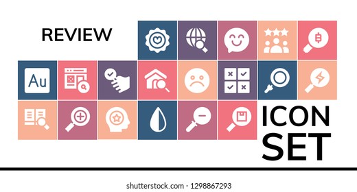  review icon set. 19 filled review icons. Simple modern icons about  - Favorite, Audition, Search, Negative, Zoom out, Satisfied, Unhappy, Feedback, Loupe, Happy, Rating