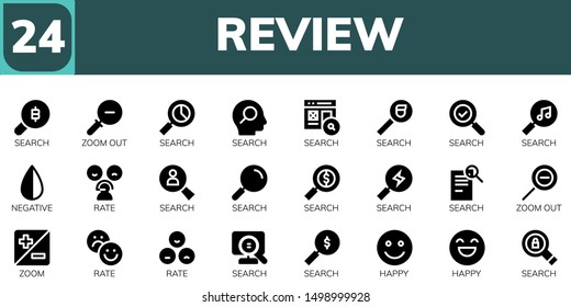 review icon set. 24 filled review icons.  Collection Of - Search, Zoom out, Negative, Rate, Zoom, Happy