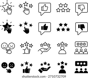 Conjunto de iconos de revisión. Contiene Comentarios, clasificación, satisfacción, como iconos. Ilustración vectorial.
