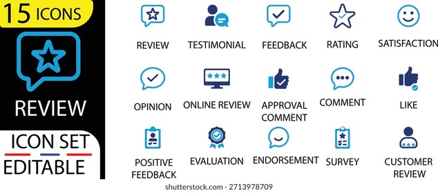 Revisión y Comentarios Icon Set. Iconos de revisión. Pulgares, y Elementos de la interfaz de usuario testimonial, revisión, Comentarios, clasificación, estrella, ícono, Vector y más. colección de iconos de vectores sólidos.

