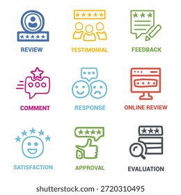 Ícone Revisar definido. Contendo comentários, classificação, depoimento, satisfação, comentário, opinião, como, cliente, recomendar e muito mais. Coleção de ícones de vetor sólido. 