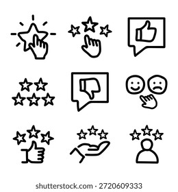 Conjunto de iconos de revisión. Contiene Comentarios, clasificación, satisfacción, como iconos. Ilustración vectorial.