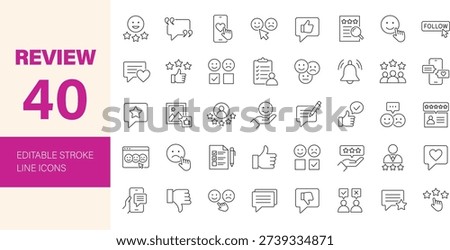 Review icon set. Containing feedback, rating, testimonial, satisfaction, comment, opinion, like, customer, recommend, client, satisfied, dislike and more. Editable line icons. Vector illustration.