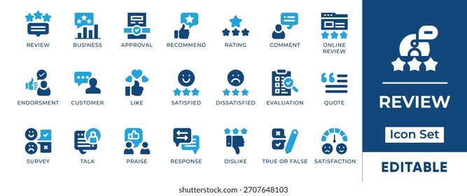Conjunto de iconos de revisión. Los íconos editables incluyen Aprobación, evaluación, Comentarios, opinión, calificación, revisión, satisfacción y respuesta del usuario. Perfecto para App, paneles, Encuestas e informes de negocios.