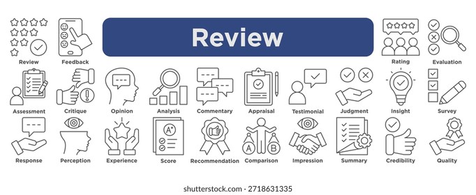 Conjunto de iconos de revisión con Comentarios, calificaciones, evaluaciones, testimonios, evaluaciones, opiniones y símbolos de medición de calidad. ilustración de línea