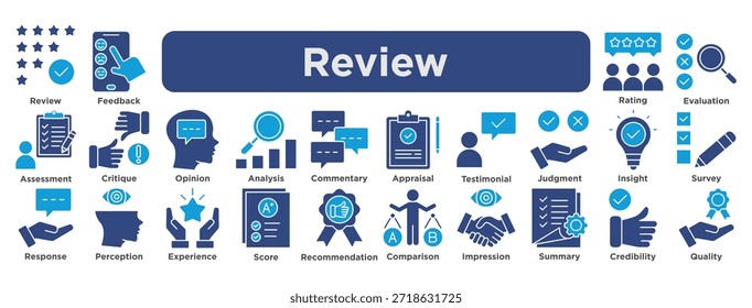 Conjunto de íconos de revisión con Comentarios, calificaciones, evaluación, opiniones, evaluación, credibilidad, calidad y conocimientos de la experiencia del Cliente. Vector sólido
