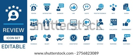Review icon set. featuring feedback, rating, testimonial, satisfaction, comment, opinion, like, customer, Survey, Response, Positive Feedback,  recommend and more. perfect for Vector icon collection.