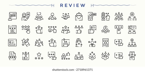 Conjunto de iconos de revisión. Icono de tasa. Incluye símbolos de línea delgada, mensaje, Comentarios, positivo, calificación, servicio, satisfacción, tarifa y más. Arte vectorial editable.