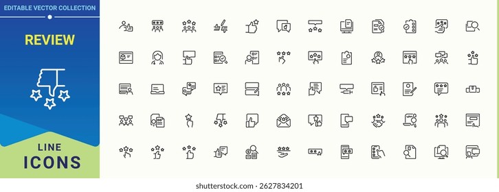 Review icon set. Rating icon set. Included feedback, thumb, service, satisfaction, rating, positive, survey and more. Editable stroke. Vector illustration.