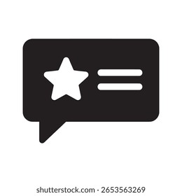 Review icon with star and text in a speech bubble for customer feedback and rating a testimonial comment for quality evaluation of a product vector solid glyph icon