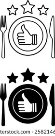 Review Icons. Black and White Vector Icons. Establishment Rating. Fork, Knife, Plate, and Three Stars. Thumbs Up, Like. Restaurant Concept