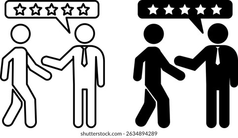 Review Icons. Black and White Vector Illustration. Man Gives Good Recommendation To Another Person. Analysis, Evaluation, Comment, or Discussion About Something. Influencer Concept
