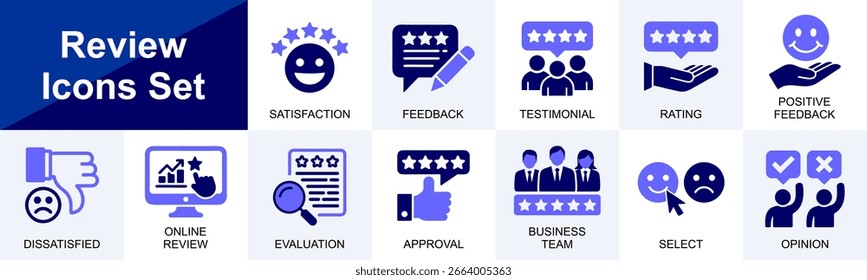 Review icons set for satisfaction feedback testimonial rating approval opinion online review business evaluation