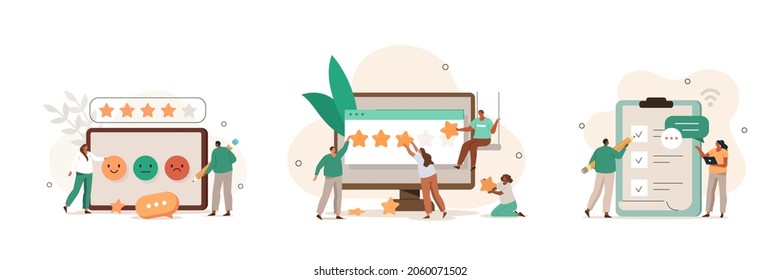 Review illustration set. People сharacters giving five star feedback. Clients choosing satisfaction rating. Customer service and user experience concept. Vector illustration.