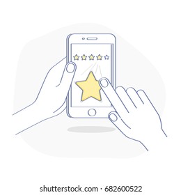 Revisar, aumentar la calificación o clasificación, la evaluación y el concepto de clasificación. Calificación de revisión de clientes en teléfonos móviles, estrellas de revisión de smartphones con buena tasa, concepto de mensaje testimonial, comentarios.