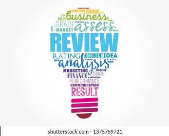 Review light bulb word cloud collage, business concept background
