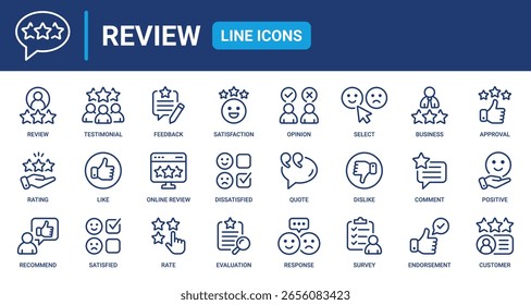 Conjunto de iconos de línea de revisión. Comentarios, testimonios, valoraciones, comentarios, me gusta, satisfacción, evaluación, Encuesta, opinión y más. Colección de iconos vectoriales de contorno.