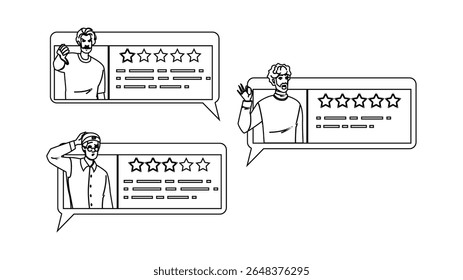 review man customer feedback vector. opinion satisfaction, experience rating, testimonial response review man customer feedback character. people black line pencil drawing illustration