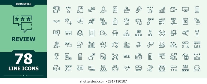 Review modern icon set. Thin icons set. Editable stroke. Vector collection. Feedback modern icon set. Featuring message, feedback, comment, survey, satisfaction, positive, thumb and more.