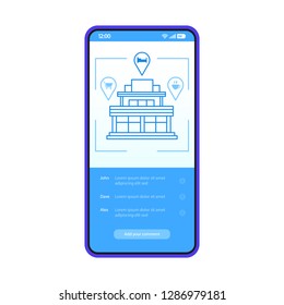 Review monitor smartphone app interface vector template. Mobile travel application page blue design layout. Hotel booking screen. Accommodation searching. Flat UI. Phone display