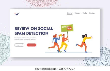 Review on Social Spam Detection Landing Page Template. Intrusive Sellers Characters with Announcement Promotional Banners Chase Buyer. Aggressive Marketing Campaign. Cartoon People Vector Illustration