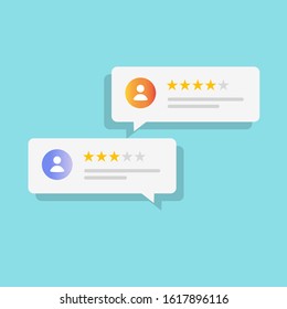 Review online or customer testimonials feedback bubbles vector icon flat cartoon, idea of client comment messages with good and bad rating stars