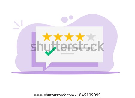 Review online testimonials vector, customer feedback bubble icon flat cartoon illustration, idea of approved comment text messages with good rating stars
