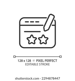 Review pixel perfect linear icon. Customer feedback on internet. Leaving opinion about service and product. Thin line illustration. Contour symbol. Vector outline drawing. Editable stroke