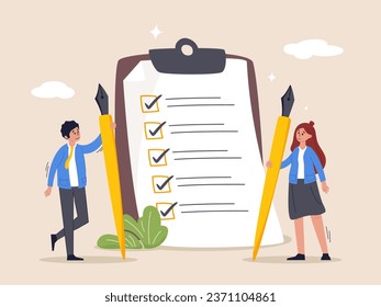 Review plan concept. Checklist for work completion, business strategy or todo list for responsibility and achievement, confident businessman standing with pencil after completed all tasks checklist.