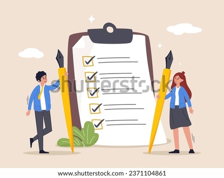 Review plan concept. Checklist for work completion, business strategy or todo list for responsibility and achievement, confident businessman standing with pencil after completed all tasks checklist.