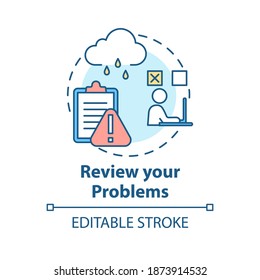 Review problems concept icon. Problem-solving therapy idea thin line illustration. Survey research. Online review leaving. Vector isolated outline RGB color drawing. Editable stroke