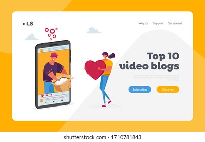 Review for Product Landing Page Template. Blogger Character Open Parcel Shooting Blog Recording Video with Parcel Opening on Huge Smartphone Screen, Woman Give Like. Cartoon People Vector Illustration