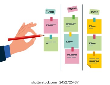 Review project progress on kanban board. Todo list, in progress task and finished one. Flat vector illustration