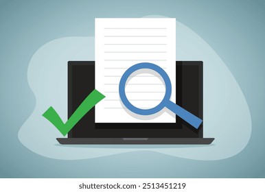 Review quality control vector, expertise text research content online on laptop pc, digital document file evidence check analysis, article inspect concept, law legal proof info searching editing