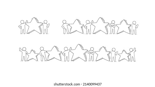 Review, quality rating and feedback concept with people holding gold stars. Vector set of doodle illustrations with cute men and rows of from one to five yellow stars. Symbol of ranking, vote, opinion