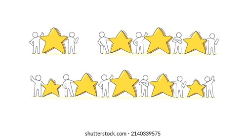 Review, quality rating and feedback concept with people holding gold stars. Vector set of doodle illustrations with cute men and rows of from one to five yellow stars. Symbol of ranking, vote, opinion