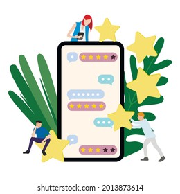 Revisar y clasificar desde el cliente en el smartphone. Los clientes vectores votan y revisan, tasa de satisfacción y encuesta, la mejor experiencia, servicio al consumidor, comentarios de smartphone ilustración de rango