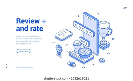 Review rate customer feedback experience rating smartphone app web banner isometric vector illustration. Clients choosing satisfaction leaving reviews best choice evaluation service quality opinion