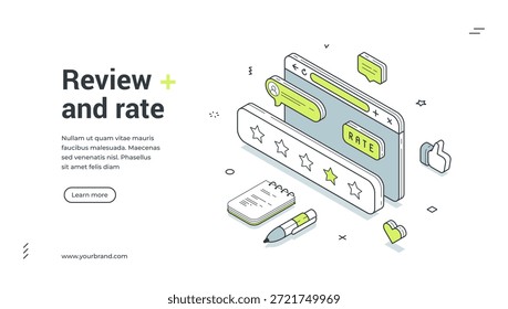 Revisar y evaluar el Servicio al cliente de evaluación Ilustración vectorial de Plantilla de diseño de Anuncio de Web isométrico. Opinión del cliente Satisfacción Resultado Mejor elección Voto Calidad Comentario Clasificación de mensajes Tecnología