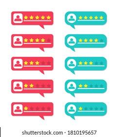 Review, rate and feedback from customers. Bubbles with stars for testimonial. Online rating for client with bad or good comment. Survey of level of satisfaction. Experience of user of hotel. Vector.