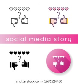 Review rate icon. Thumbs up and down. Hand sign of like and dislike. Satisfaction level. Feedback for social media stories. Linear black and RGB color styles. Isolated vector illustrations