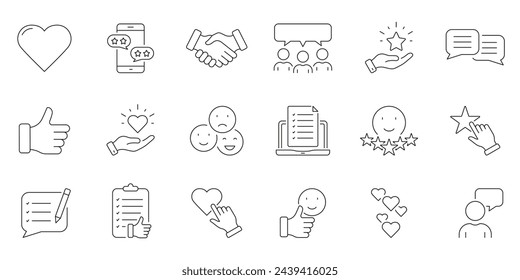 Review And Rate Line Icon Set. Feedback, Survey Symbol Collection. Client Opinion Linear Pictogram. Customer Positive Experience Outline Sign. Editable Stroke. Isolated Vector Illustration.