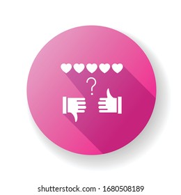 Review rate pink flat design long shadow glyph icon. Thumbs up and down. Hand sign of like and dislike. Satisfaction level. Positive and negative gesture. Silhouette RGB color illustration