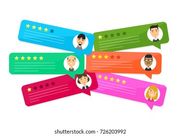 Review rating bubble speeches comment.Vector cartoon character illustration icon.Decision,grading system,reviews stars rate,text,feedback evaluation user,negative online messages,hotel comment set